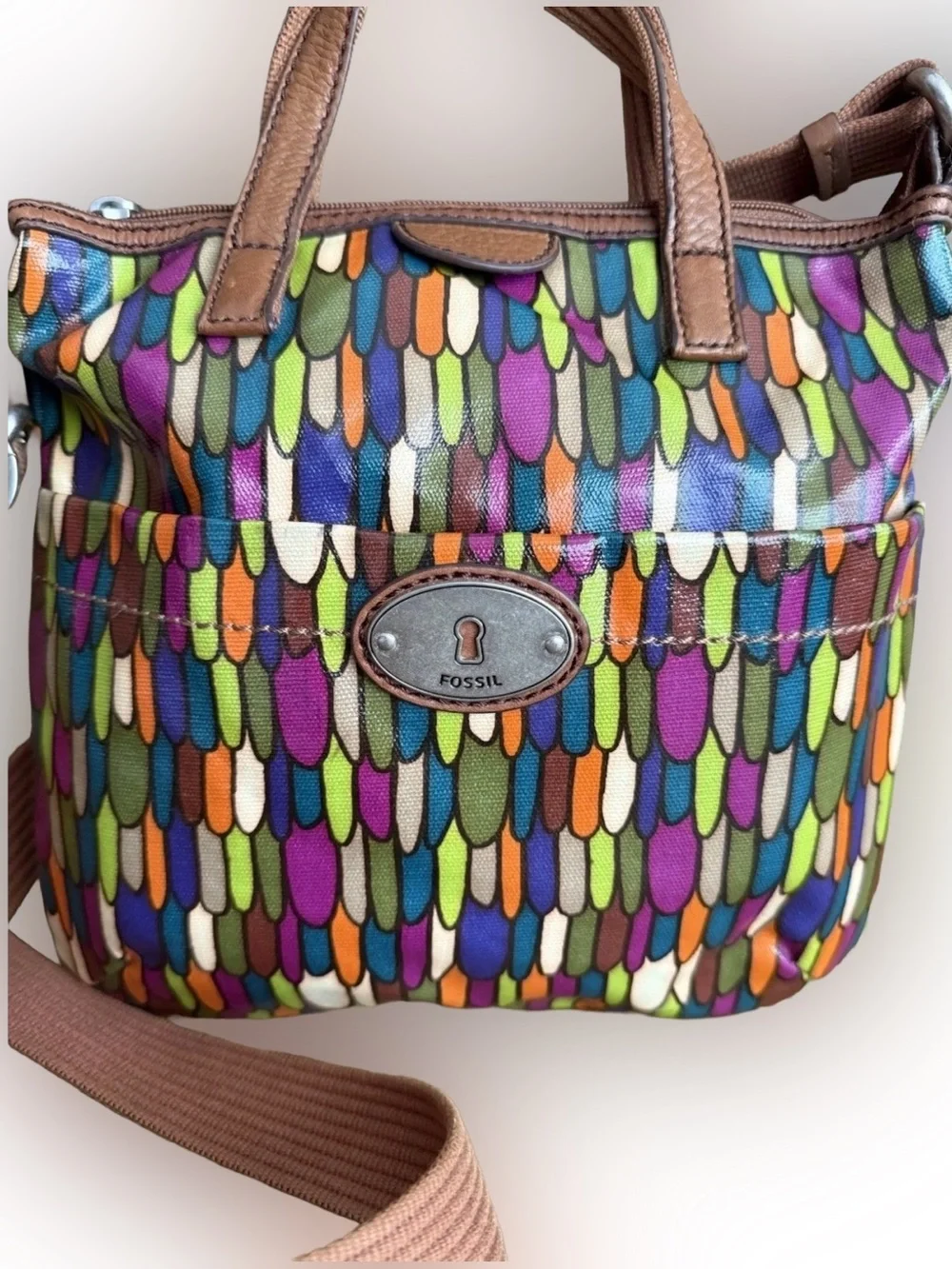 Fossil Calypso Key-Per Multicolor Crossbody Bag Coated Canvas Bag Charm Satchel